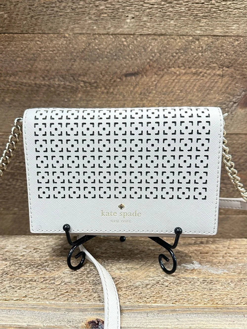 kate spade Ivory Perforated Leather Crossbody with Gold Chain